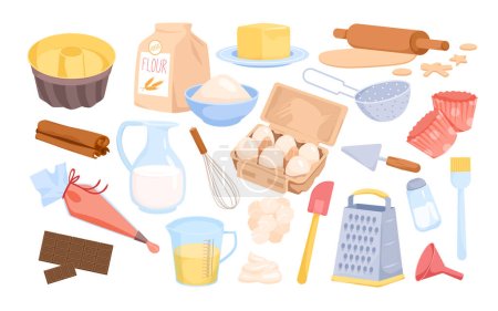 Ingredientes, utensilios y herramientas para la ilustración del vector conjunto de hornear. Colección de cocina aislada de dibujos animados para cocinar receta de panadería, azúcar y harina en bolsa, mantequilla y huevos para hornear pastel en el postre