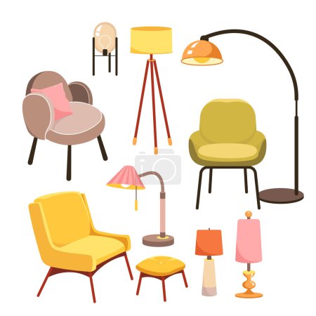 Illustration for Furniture for home and office interior, chairs and lamps set vector illustration. Cartoon isolated modern decor for living room collection with armchairs and pillows, stool and stands with lampshade - Royalty Free Image