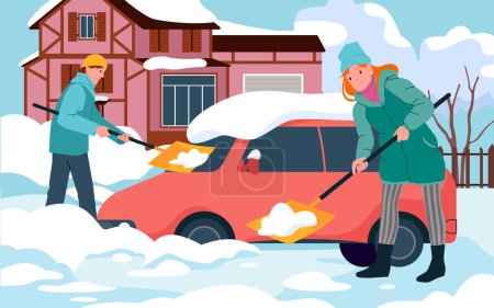 Illustration for Snow removal vector illustration. Cartoon man and woman remove ice and snowdrift with shovels, people cleaning car and street covered with snow after blizzard background. Winter works concept - Royalty Free Image