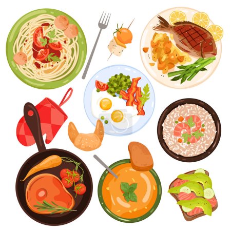 Illustration for Food set, top view vector illustration. Cartoon isolated sandwich with salmon and avocado, fried eggs with bacon, healthy bowl of pumpkin soup and shrimp rice, spaghetti with meatballs and sauce - Royalty Free Image