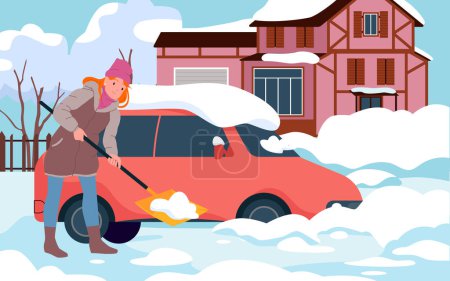 Illustration for Snow removal and street cleaning after winter snowfall vector illustration. Cartoon woman holding shovel tool to remove ice and snowdrift from buried red car, work of young character background - Royalty Free Image