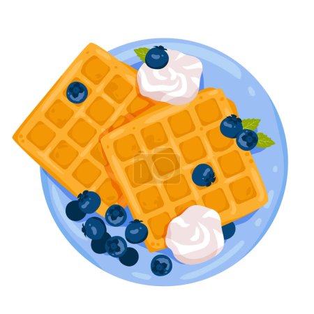 Breakfast sweet food, waffles on plate vector illustration. Cartoon isolated tasty baked Belgian waffles with blueberry and cream, top view of delicious morning meal and yummy crispy wafer dessert