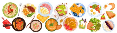 Illustration for Cartoon isolated cereal breakfast with fruit in bowl, avocado and salmon morning toast, fried bacon and eggs, fish and meat with vegetables in pan top view. Tasty food set vector illustration - Royalty Free Image