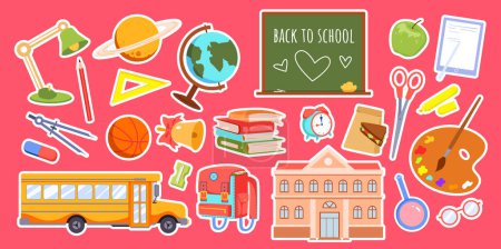 Illustration for Cartoon isolated stationary equipment, paper notebook and books to study, school bus and building, blackboard on green background. Education concept. Back to school stickers set vector illustration - Royalty Free Image