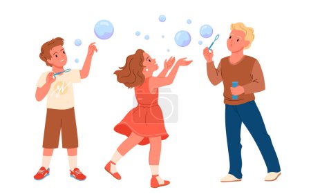 Illustration for Kids blow soap bubbles and play vector illustration. Cartoon cute happy girl and boys making foam spheres in air with blower rings, little adorable child with funny face blowing balloon and standing - Royalty Free Image