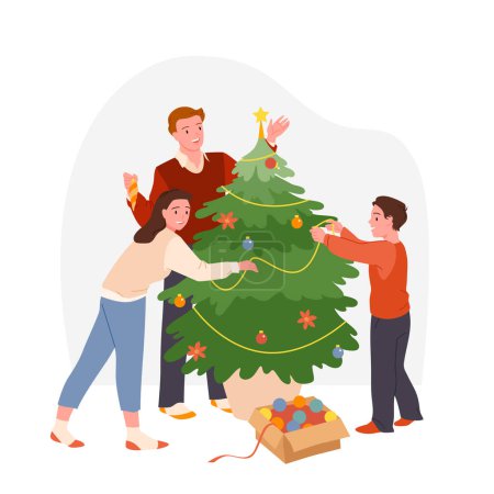 Téléchargez les illustrations : Happy family décorer l'arbre de Noël avec des boules colorées, guirlande festive et boules illustration vectorielle. Dessin animé scène mignonne avec préparatifs de Noël à la célébration à la maison de la mère, le père et l'enfant - en licence libre de droit