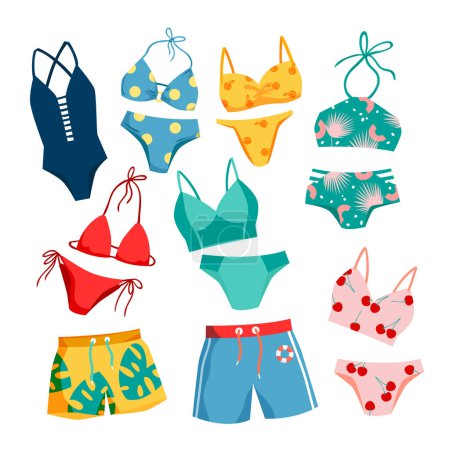 Illustration for Cartoon isolated swimsuit and underwear template collection for man and woman, fashion shorts, panties and pants, casual bikini and bra to swim, beachwear models. Swimwear set vector illustration - Royalty Free Image