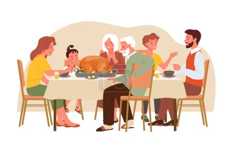 Illustration for Thanksgiving dinner for happy big family vector illustration. Cartoon mother and father, grandparents and kids sitting at home table with feast meals, characters eat cooked turkey together and talking - Royalty Free Image