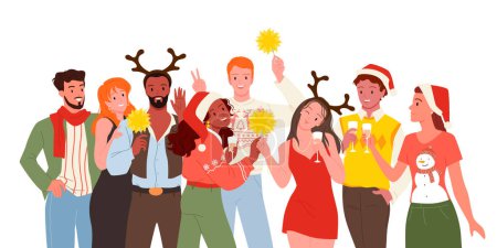 Les amis célèbrent les vacances d'hiver illustration vectorielle. Dessin animé divers groupe de personnages féminins masculins heureux célébrant, les gens dans les chapeaux de Père Noël debout ensemble dans la rangée, tenant des étincelles et des lunettes