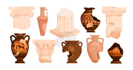 Illustration for Ancient broken vases, Roman and Greek columns set vector illustration. Cartoon antique pillar, ceramic pot and pieces of ornate amphoras with art vintage pattern, pottery in museum exhibition - Royalty Free Image