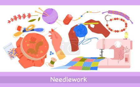 Illustration for Needlework banner design template vector illustration. Cartoon hands embroidering flower drawing with needle and thread, knitting crochet, diy tools and sewing machine for handicraft, artisan workshop - Royalty Free Image