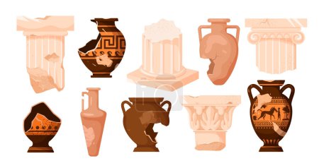 Illustration for A vector illustration showcasing ancient broken vases, Roman and Greek columns. Cartoon-style antique pillar, ceramic pots, and fragments of ornate amphoras decorated vintage patterns - Royalty Free Image
