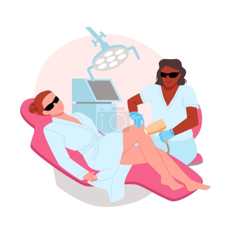 Illustration for Laser hair removal in beauty salon vector illustration. Cartoon professional beautician wearing protective goggles, holding medical laser equipment to remove hair on legs skin of female client - Royalty Free Image