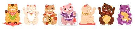 Ilustración de Japonés suerte gatos set vector ilustración. Dibujos animados aislado varias poses colección de lindos personajes neko maneki, divertido animal muñeca y símbolo de dinero y bienestar, suerte y buena fortuna - Imagen libre de derechos