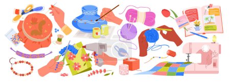 Illustration for Craft art hobby set vector illustration. Cartoon hands making decoration for pottery, paper diary and embroidery, knitting and scrapbooking, diy supplies and tools for handmade craftwork collection - Royalty Free Image