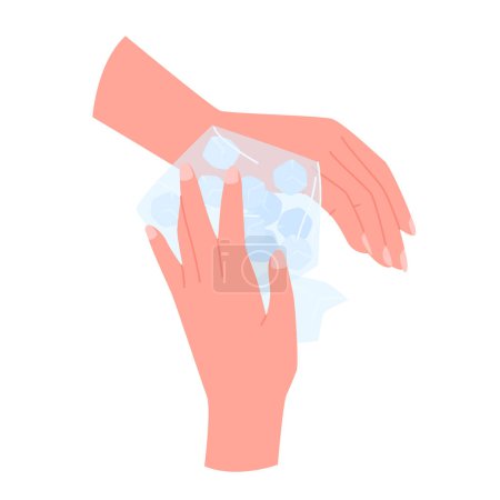Illustration for Arms apply compress with ice bag to reduce pain and swelling after injury, infographic vector illustration. Cartoon isolated hands treat with cold pack bruise with dislocation on injured wrist - Royalty Free Image