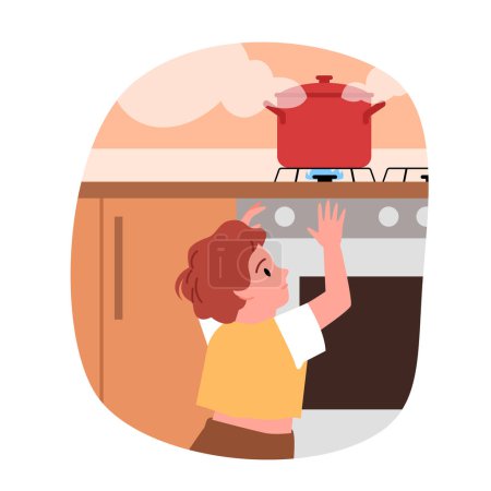 Illustration for Danger to child in kitchen vector illustration. Cartoon cute baby boy playing near hot pot of boiling water on stove, burn risk and accident, dangerous kids curiosity while parent cooking in kitchen - Royalty Free Image