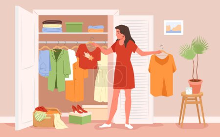 Illustration for Cartoon woman holding hanger with dress and shirt, standing near wardrobe to sort clothes, choose stylish outfit, find obsolete old apparel. Girl keeping order in home closet - Royalty Free Image