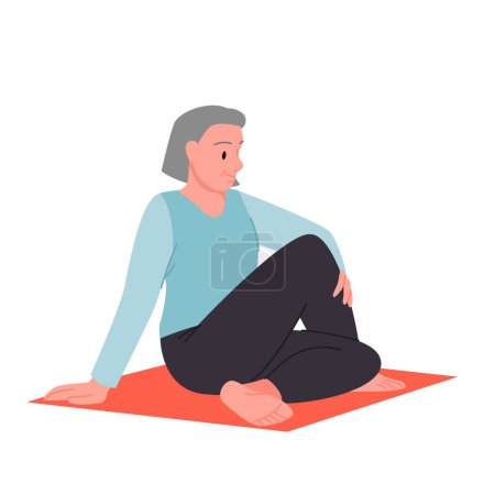 Zen yoga pose de femme senior vecteur illustration. Caricature isolée grand-mère âgée faisant séance d'entraînement du matin pour le bien-être, la formation grand-mère pleine conscience et patience avec méditation et étirement