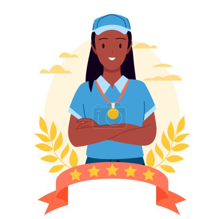 Illustration for Cartoon confident female storekeeper in blue uniform standing inside isolated golden recognition frame, award for best results in job. Best store employee medal with happy woman vector illustration - Royalty Free Image