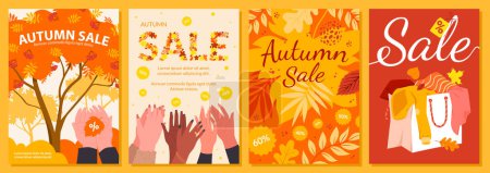 Illustration for Autumn sales set vector illustration. Cartoon advertising banners and flyers with fall leaves pattern, hands holding leaf and clap special discount offer, shopping bag and percentage tag, Sale text - Royalty Free Image