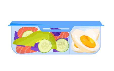 Essen in Lunchbox Vektor Illustration. Isolierter rechteckiger Lunchbox-Behälter aus Glas mit hermetischem Plastikdeckel und Salat für Kühlschrank oder Picknick, Eimer mit Café-Mahlzeit zum Mitnehmen