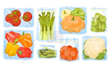 Ilustración de Bolsas de plástico y bandejas con verduras congeladas conjunto ilustración vectorial. Dibujos animados aislados ziplock paquetes de vacío y el supermercado o el mercado envases de polietileno transparente con productos alimenticios de vitaminas crudas - Imagen libre de derechos