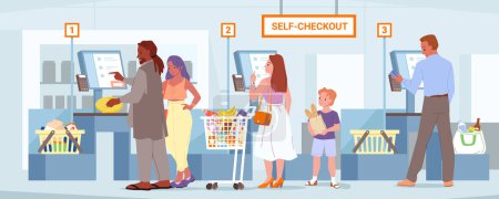 Illustration for Self service at checkout in supermarket vector illustration. Cartoon people with purchases inside shop carts scan food with automatic scanner, customer characters pay at cashier automated counter - Royalty Free Image