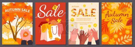 Illustration for Cartoon advertising banners and flyers with fall leaves pattern, hands holding leaf and clap special discount offer, shopping bag and percentage tag, Sale text. Autumn sales set vector illustration - Royalty Free Image