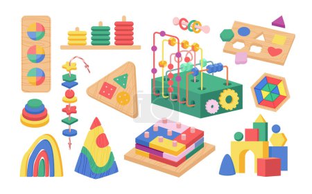 Illustration for Cartoon isolated wood blocks and puzzle games for preschool kids, pedagogic therapy in kindergarten for fine motor activity and early development. Montessori occupational toys set vector illustration - Royalty Free Image