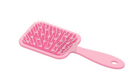 Illustration for Pink brush for detangling and combing hair vector illustration. Cartoon isolated hairbrush with vented plastic teeth for grooming and smoothing strands, accessory for hairstyle at home or in salon - Royalty Free Image