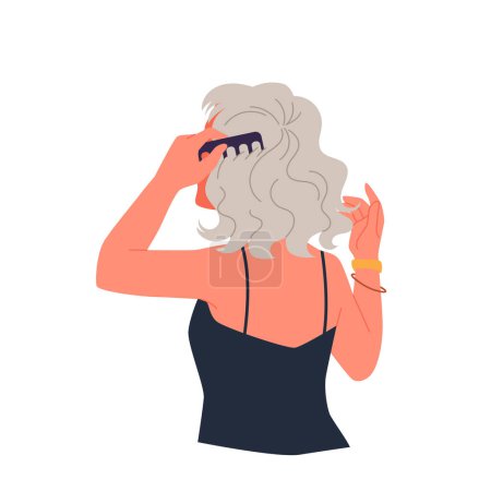 Illustration for Girl combing wavy hair, back view vector illustration. Cartoon isolated curly woman holding wide tooth comb to care and to groom waves and strands, morning styling of female character in bathroom - Royalty Free Image