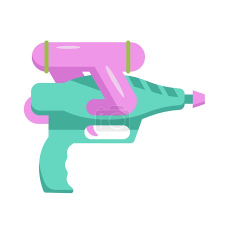 Ilustración de Pistola de agua para divertidos juegos de guerra espacial en verano. Arma de juguete con mango verde, botón de inicio de agua y contenedor púrpura en la parte superior, pistola para el Festival de Songkran en Tailandia ilustración vector de dibujos animados - Imagen libre de derechos