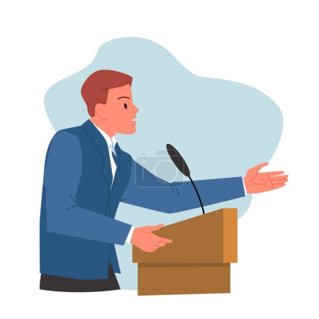 Illustration for Man speaker speaking from podium with microphone, side view. Male confident politician or leader businessman standing at tribune to talk to audience on conference event cartoon vector illustration - Royalty Free Image