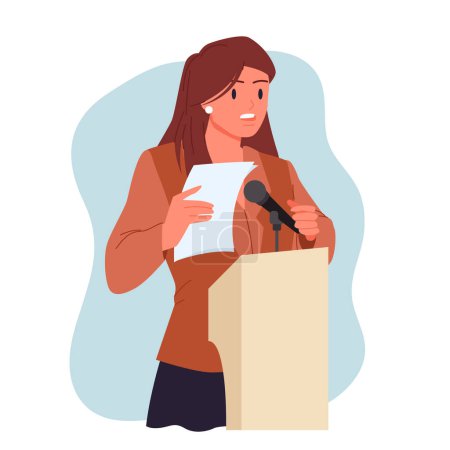 Illustration for Woman speaker speaking from podium. Public confident speech of female leader holding paper document with text, businesswoman in formal outfit talking into microphone cartoon vector illustration - Royalty Free Image