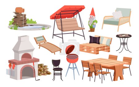 Illustration for Garden furniture and barbecue equipment set vector illustration. Cartoon isolated outdoor loft wooden chair and hanging couch swing with cushion and canopy, gnome and fireplace, terrace table - Royalty Free Image