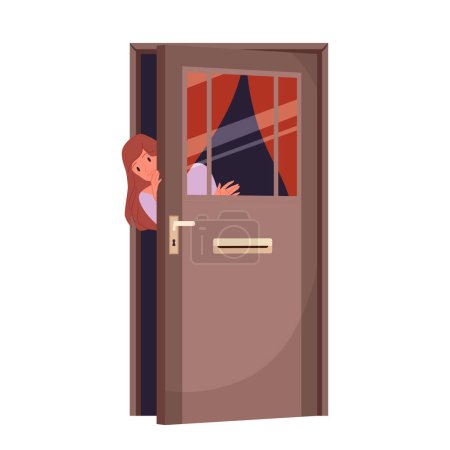 Girl standing behind opening door, looking out. Young woman peeking from behind open door of building with curiosity, portrait of peeping teenager with funny curious face cartoon vector illustration