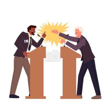 Aggressive debates of politicians standing behind podiums during election campaign. Disagreement, fight and different conflict arguments between two angry men opponents cartoon vector illustration