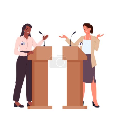 Illustration for Presentation speech to audience on stage and debate of two female speakers at rostrums. Political discussion between two politicians talking with microphones at podiums cartoon vector illustration - Royalty Free Image