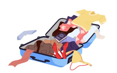 Offener Koffer mit verstreuten Kleidungsstücken und Schuhen stapelt sich beim Packen. Reisetasche mit Chaos und Unordnung für Reise, Reisevorbereitung, Organisationsproblem Cartoon Vector Illustration