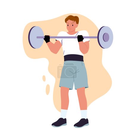 Young man lifting barbell in gym. Guy training strength of muscles at fitness workout, male weightlifter holding in hands big weight to lift, physical exercise of athlete cartoon vector illustration