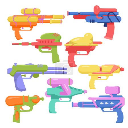Water gun set for summer fun games of kids. Toy weapons with spray pump, plastic comic and funny space laser of different colors and shapes for battle with water splashes cartoon vector illustration