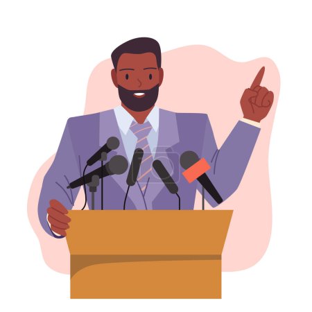 Illustration for Man speaker speaking from podium with microphone. Male leader with glasses and black formal suit presenting confident speech with hand up, person standing at tribune cartoon - Royalty Free Image