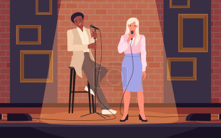 Two talent artists standing on theater stage in spotlight with brick wall, people holding microphones for jokes contest cartoon vector illustration