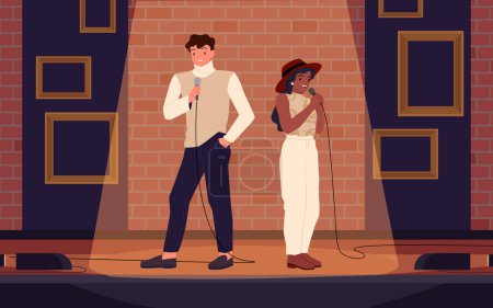 Two talent artists standing on theater stage in spotlight with brick wall, people holding microphones for jokes contest cartoon vector illustration. Comedy standup show with male and female comedians
