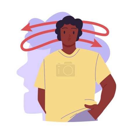 Illustration for Creativity, irrational personality thinking and intuition, psychology. Confused man standing with right and left arrows above head and abstract human face silhouette cartoon vector illustration - Royalty Free Image