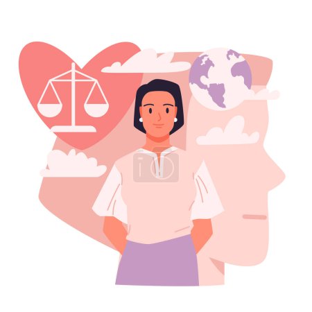 Illustration for Thinking to make decision, psychology. Female character standing with balance scales of judgment for evaluation, abstract pink human head silhouette and clouds behind cartoon vector illustration - Royalty Free Image