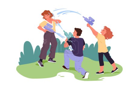 Divertido juego de niños y niñas lindos sosteniendo pistolas de cómic de plástico con salpicaduras de agua para jugar juntos en la ilustración de vectores de dibujos animados de hierba verde. Niños felices jugando con pistolas de agua en el parque de verano