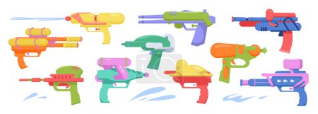 Wasserpistolenset für Sommerspaßspiele für Kinder. Spielzeugwaffen mit Sprühpumpe, Kunststoff-Comic und lustigem Weltraum-Laser in verschiedenen Farben und Formen für den Kampf gegen Wasserspritzer Cartoon-Vektor-Illustration
