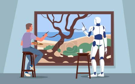 Man and robot create together, painter drawing image with brush and help of cyborg. Art content creation with artificial intelligence artist assistant, AI generated artwork